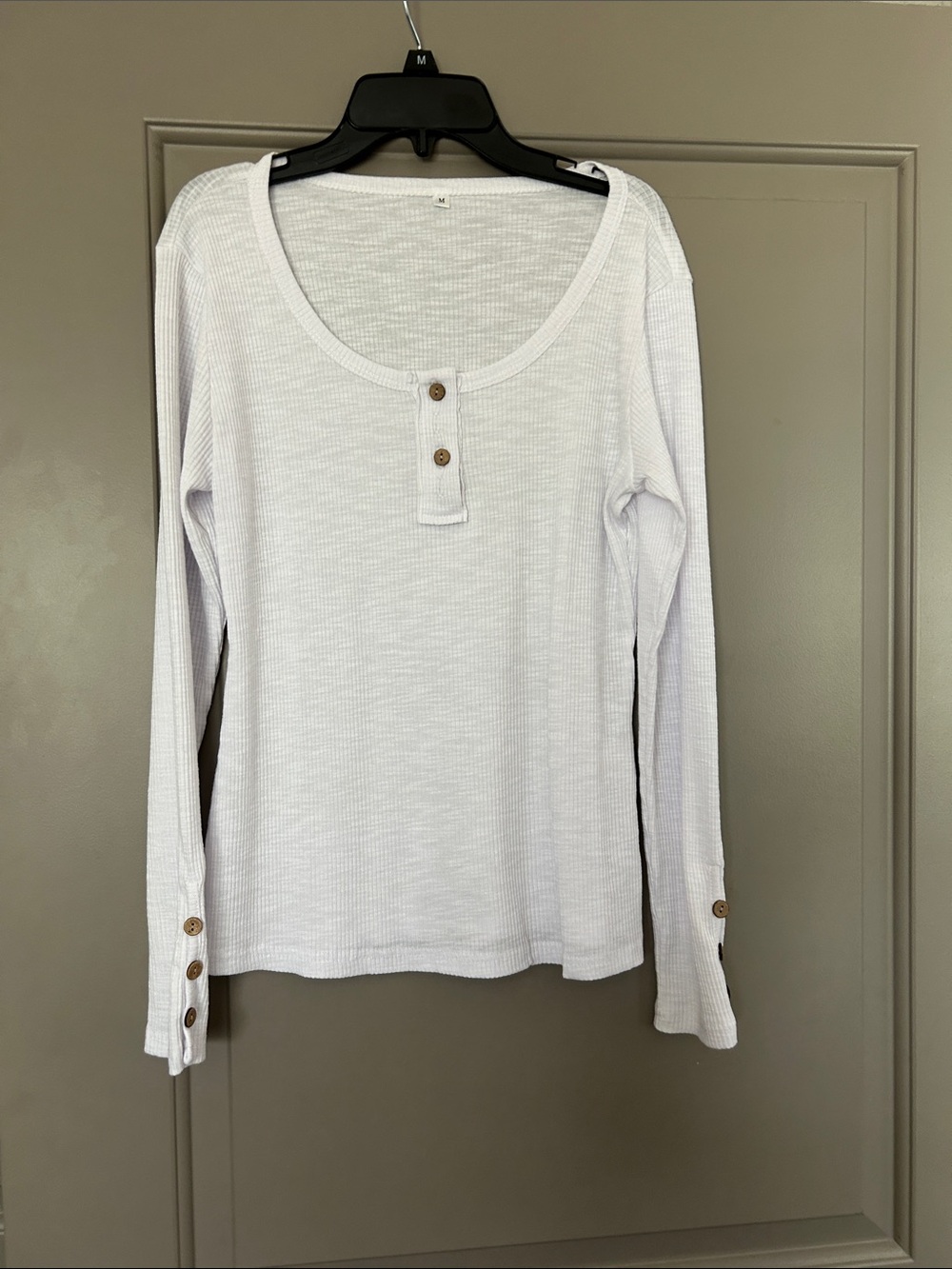 White Long-Sleeve Henley Top with Button Details